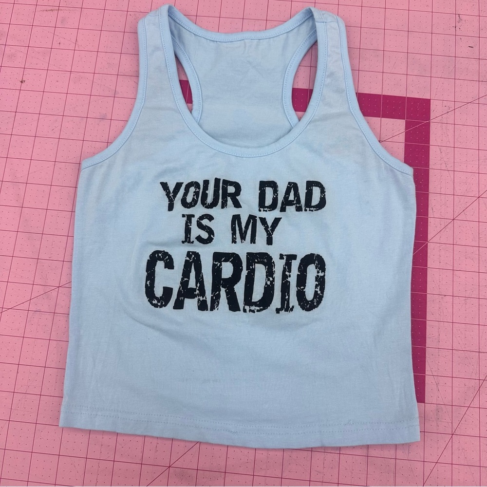 Demon Bikini Light Blue Black Racerback Tank "Your Dad Is My Cardio" Small Crop
